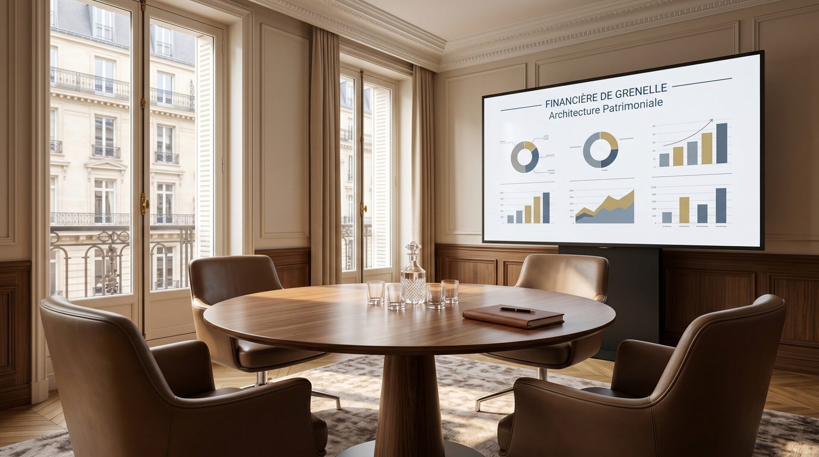 Salle de réunion institutionnelle dédiée à l’ingénierie patrimoniale et aux allocations d’actifs
